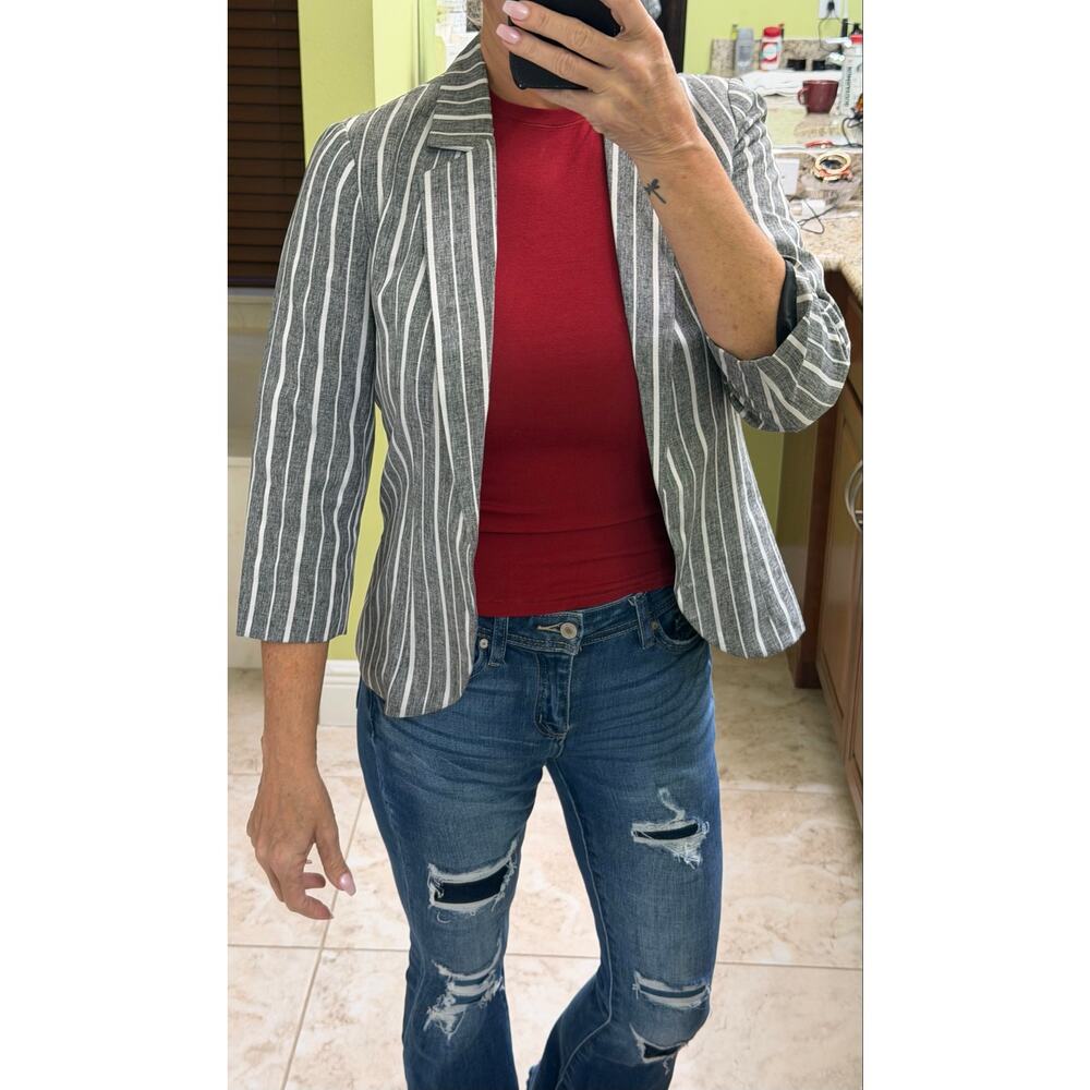 Allegra K S Casual Striped Blazer Lined Thin Gray White 3/4 Sleeve NWOT $34.99 - Picture 7 of 7